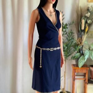 Vintage Y2K Reference Clothing Co Navy Whipstitch Wrap Dress Made in USA Size S‎